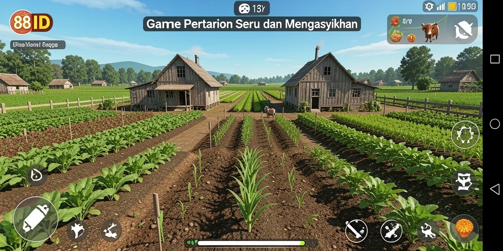 Screenshot gameplay 88ID menampilkan kebun yang luas dan aktivitas pertanian yang menyenangkan.