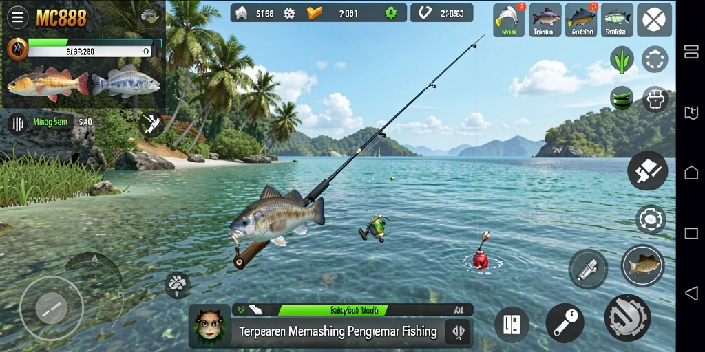 Tampilan gameplay MC888 dengan keseruan memancing di lokasi indah.